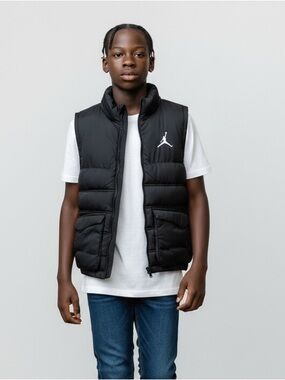 JORDAN Kids Sz L Black Puffer Vest Full Zip Stand-Up Collar Logo